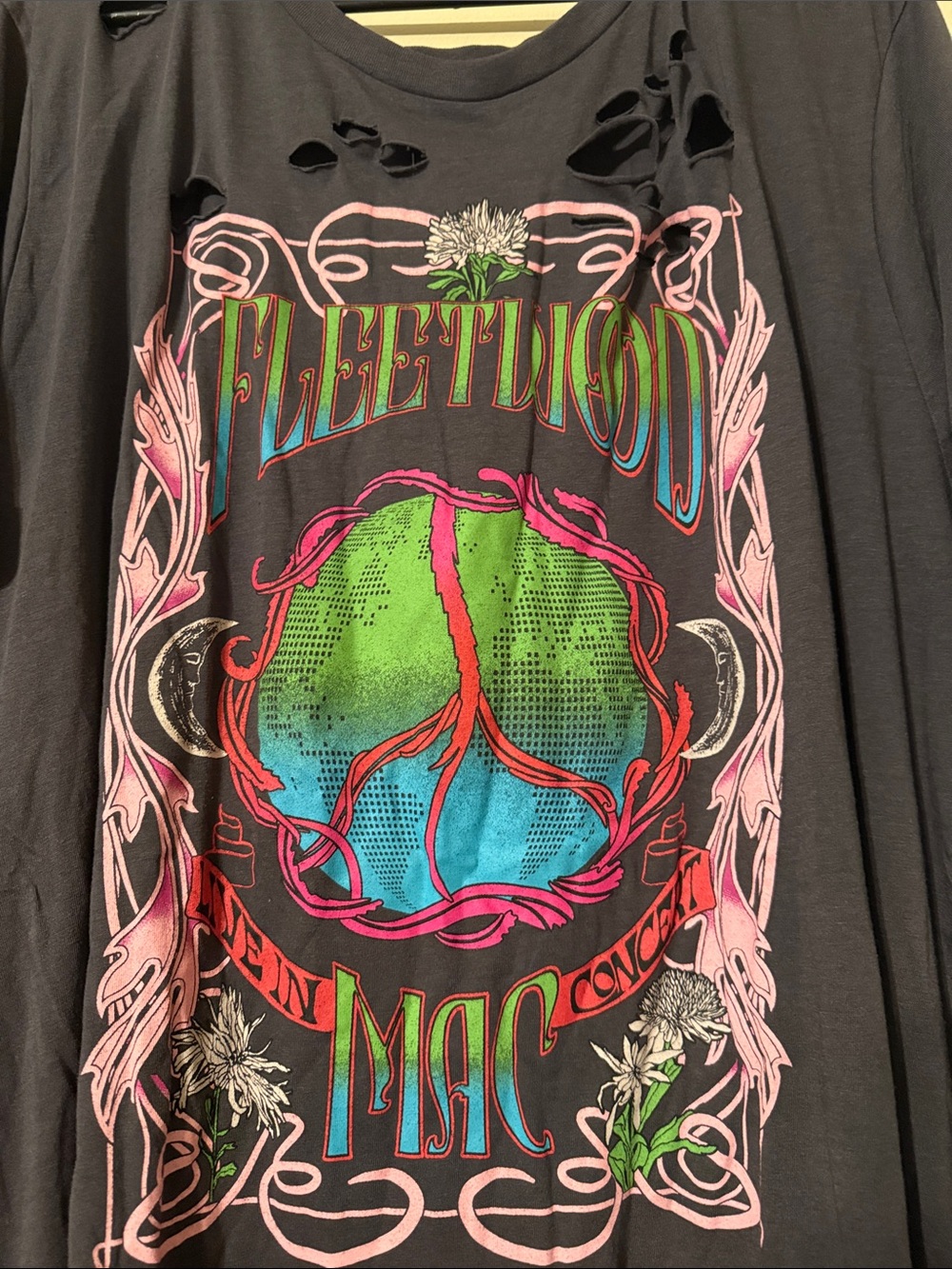 Torrid Graphic Distressed Black Tee with Neon Peach & Green Print - Picture 3 of 6